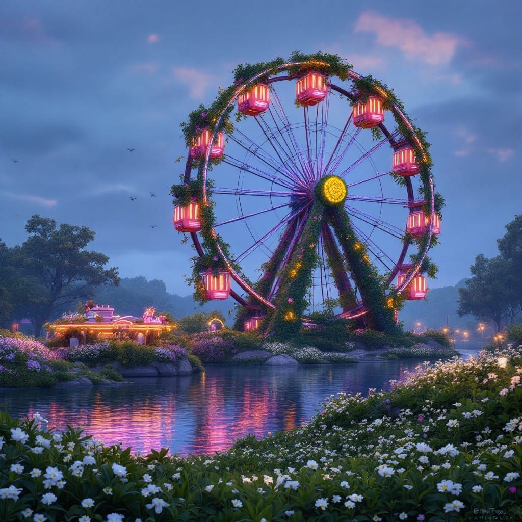 Surreal Plant Carnival Scene with Fantastical Ferris Wheel