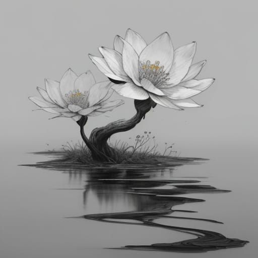 Ink Drawing of Flower Blooming by Flowing River