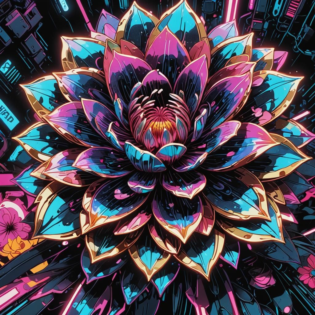 Cyberpunk Flower in Metallic Bloom: Neon Comic Art