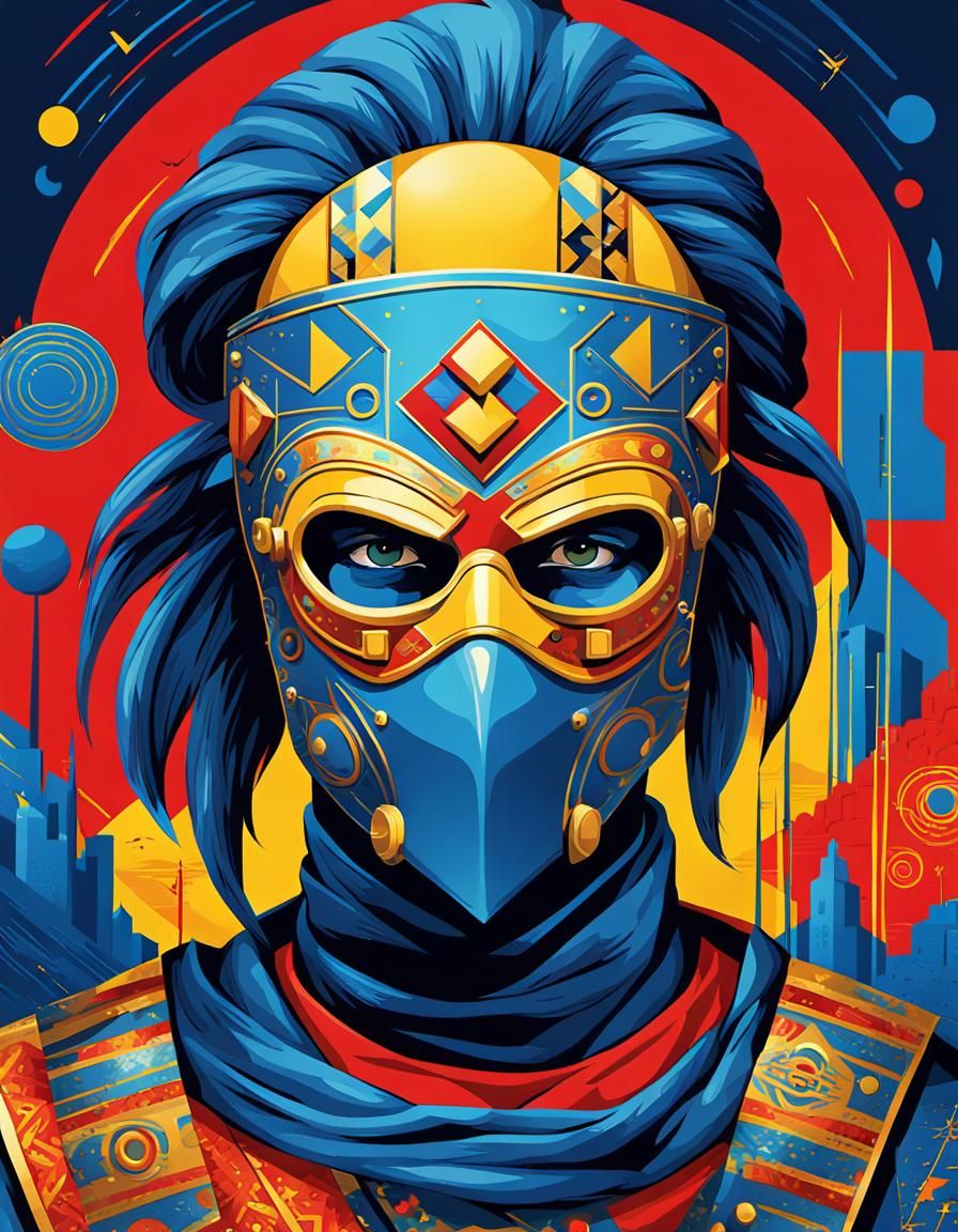 Blue Masked Bandit in Bauhaus-Inspired Digital Art