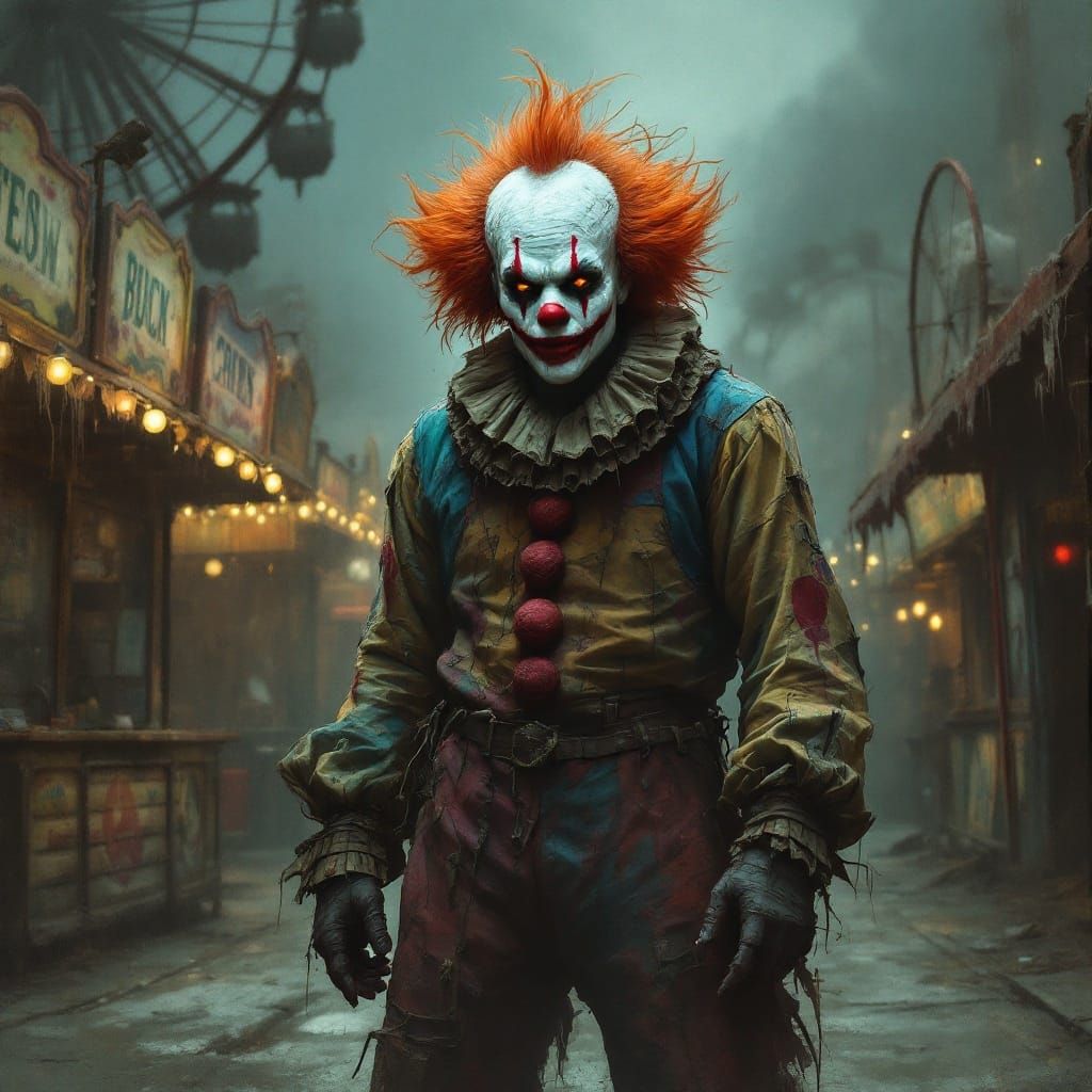 Grimdark Evil Clown Stands in Abandoned Carnival