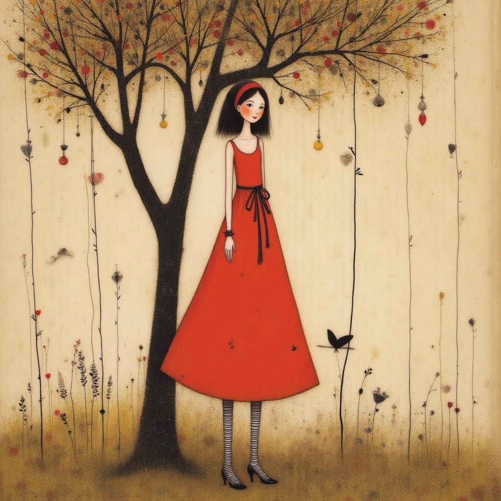 Gloomy Lady Under Willow Tree in Alcohol Ink Style