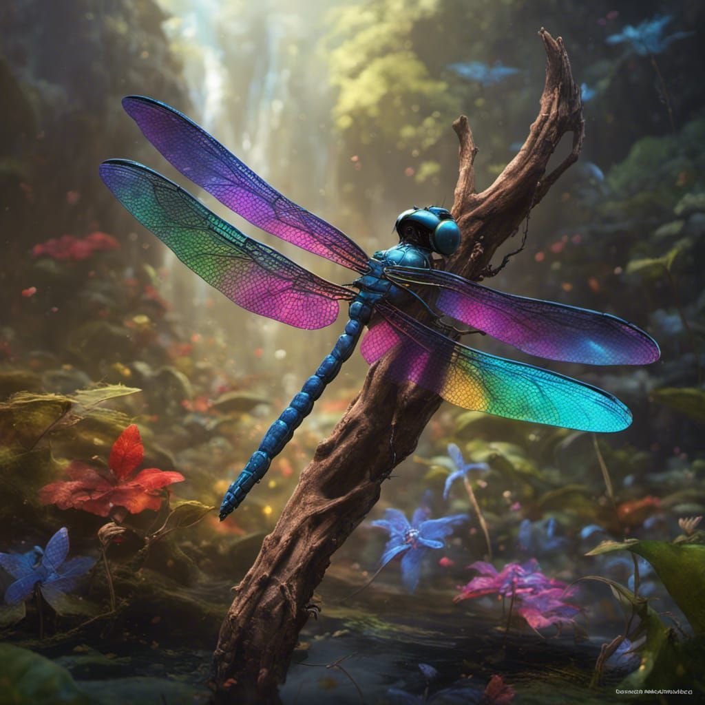 Rainbow Dragonfly in Dark Fantasy Style