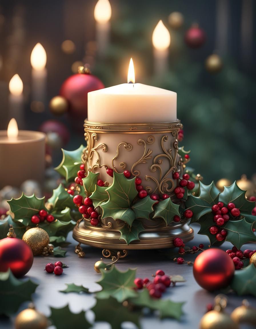 Christmas Candle with Berries and Ivy, Hyperrealistic