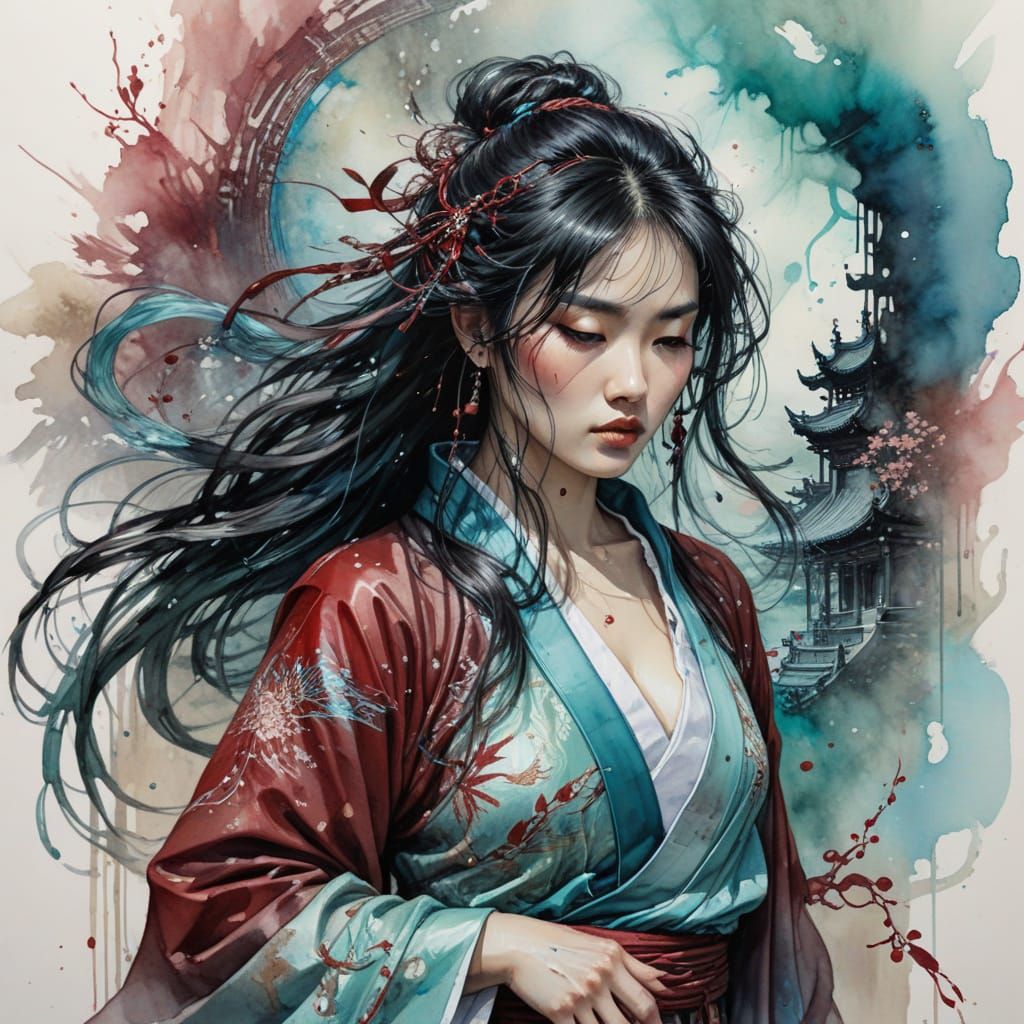 Chinese Sorceress in Inked Watercolor Style