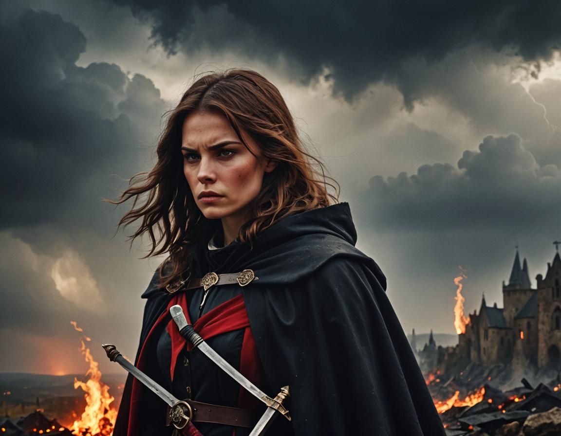 Sad Woman Warrior in Dark Fantasy Landscape