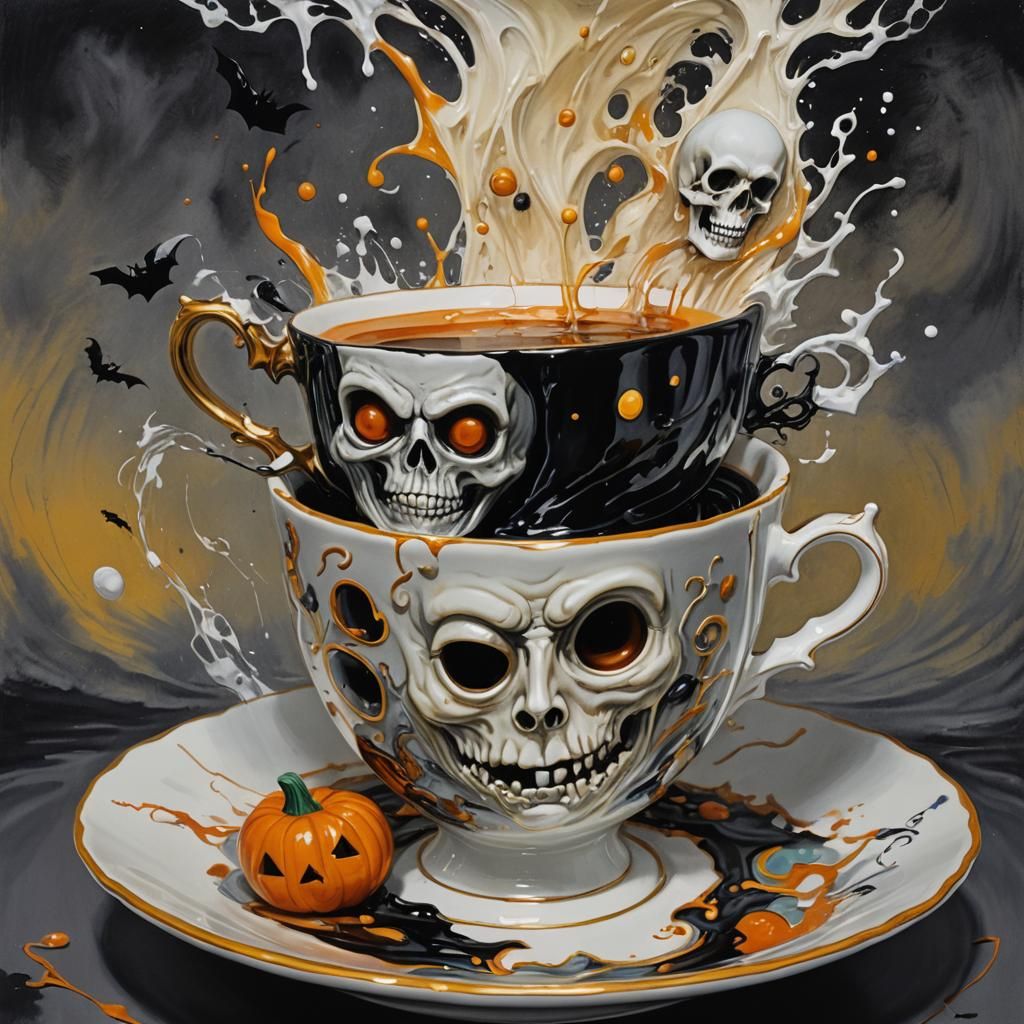 Surreal Halloween Teacup: Hyperrealistic Splash Art