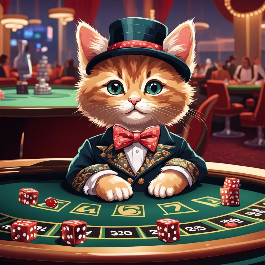 Cute Kitten Gambler in Las Vegas, Gouache Art
