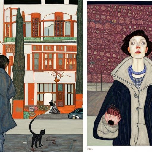 Cats Roam City Streets at Night, Art Nouveau Style