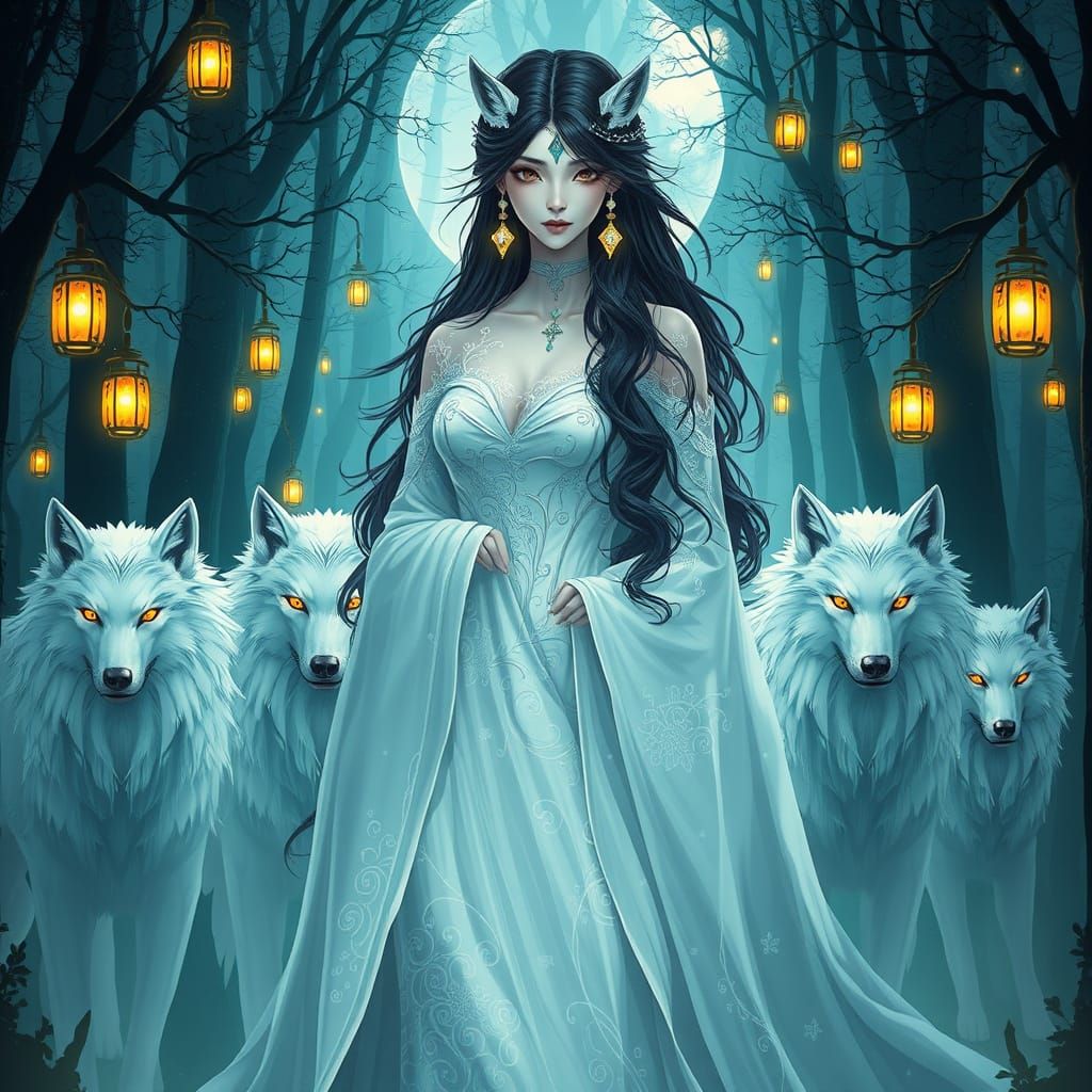 Goddess of Wolves in Ethereal Gown Amidst Mystical Forest