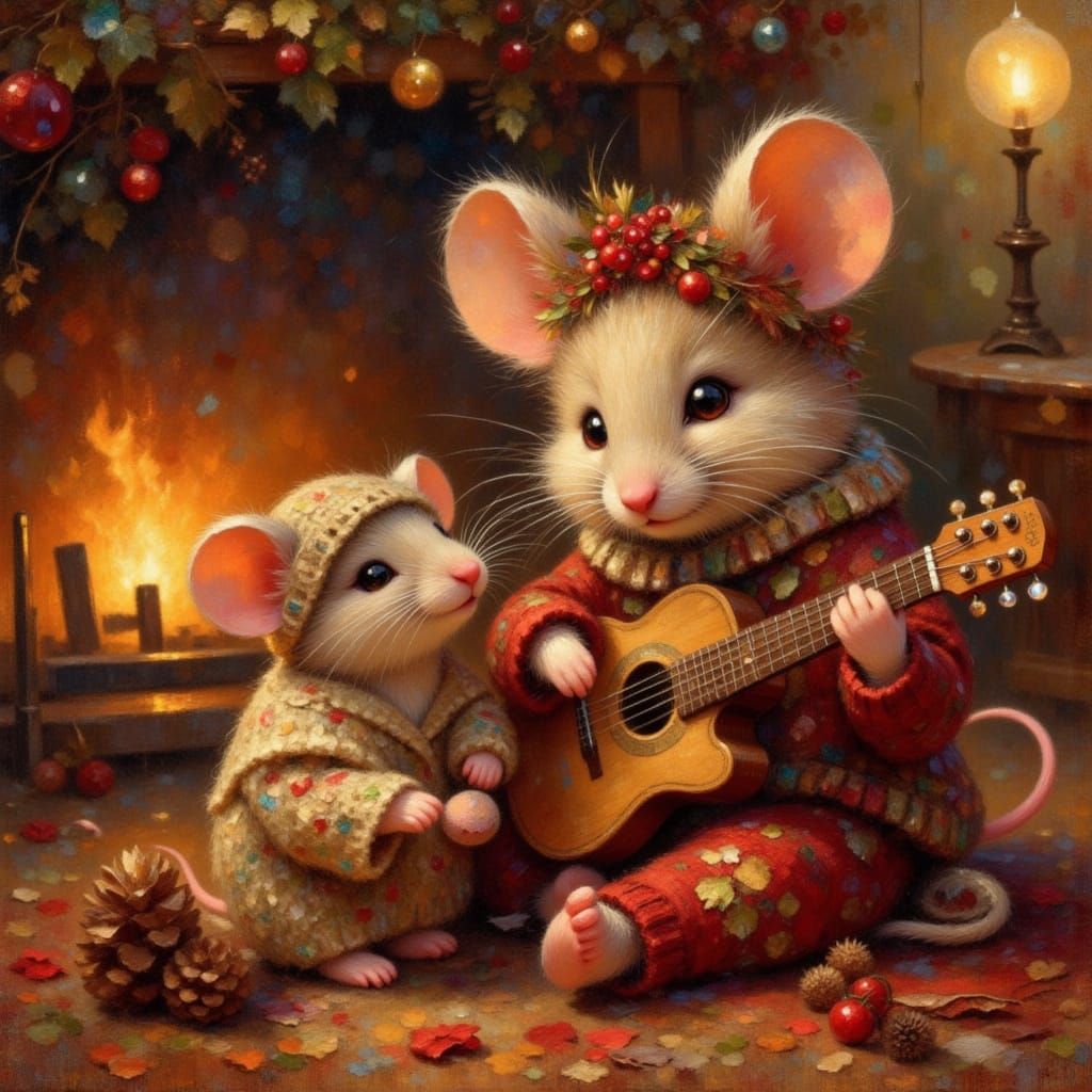 Cozy Mouse Family Scene with Guitar and Fireplace