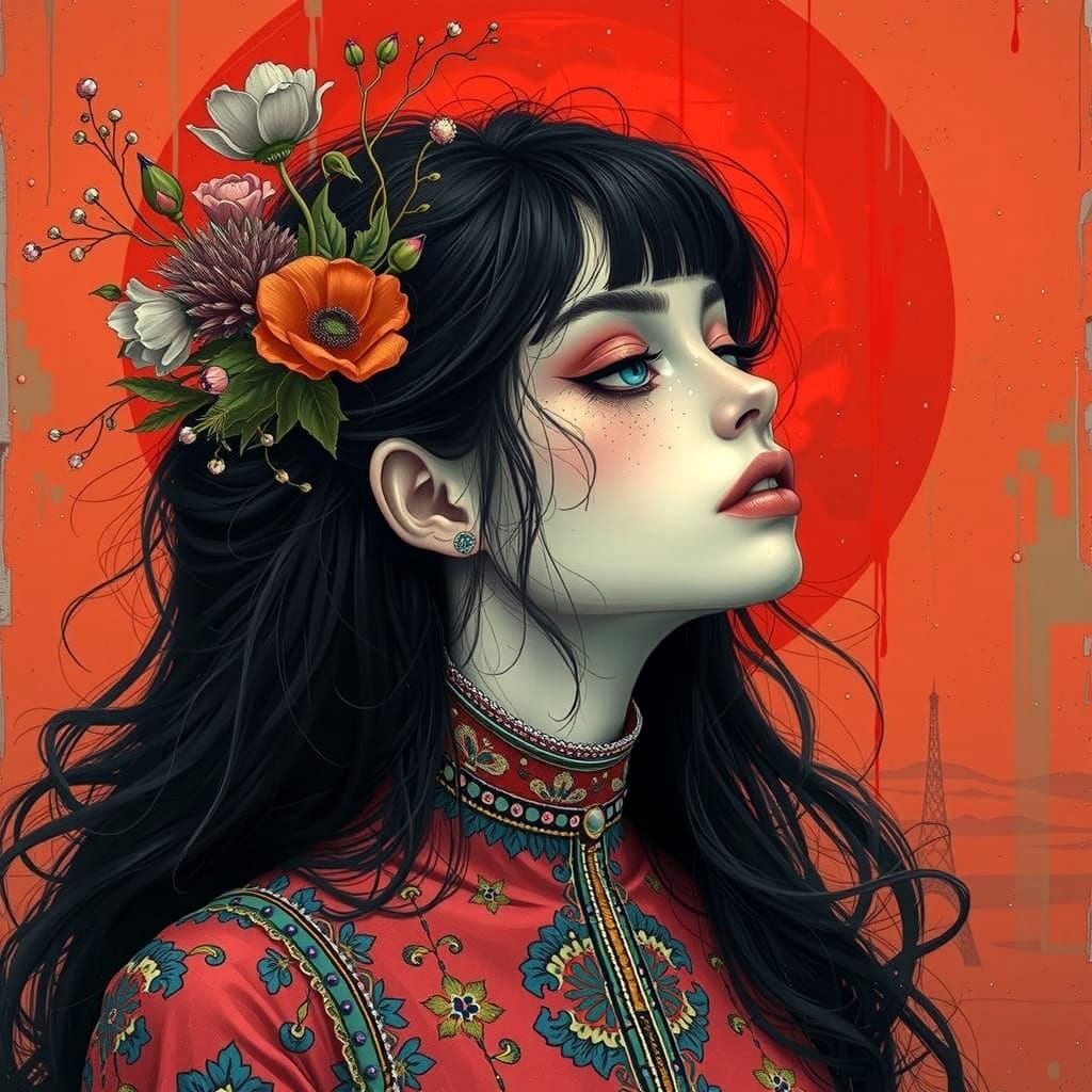 Biopunk Poppy in Victorian Attire, High Contrast Ink Art