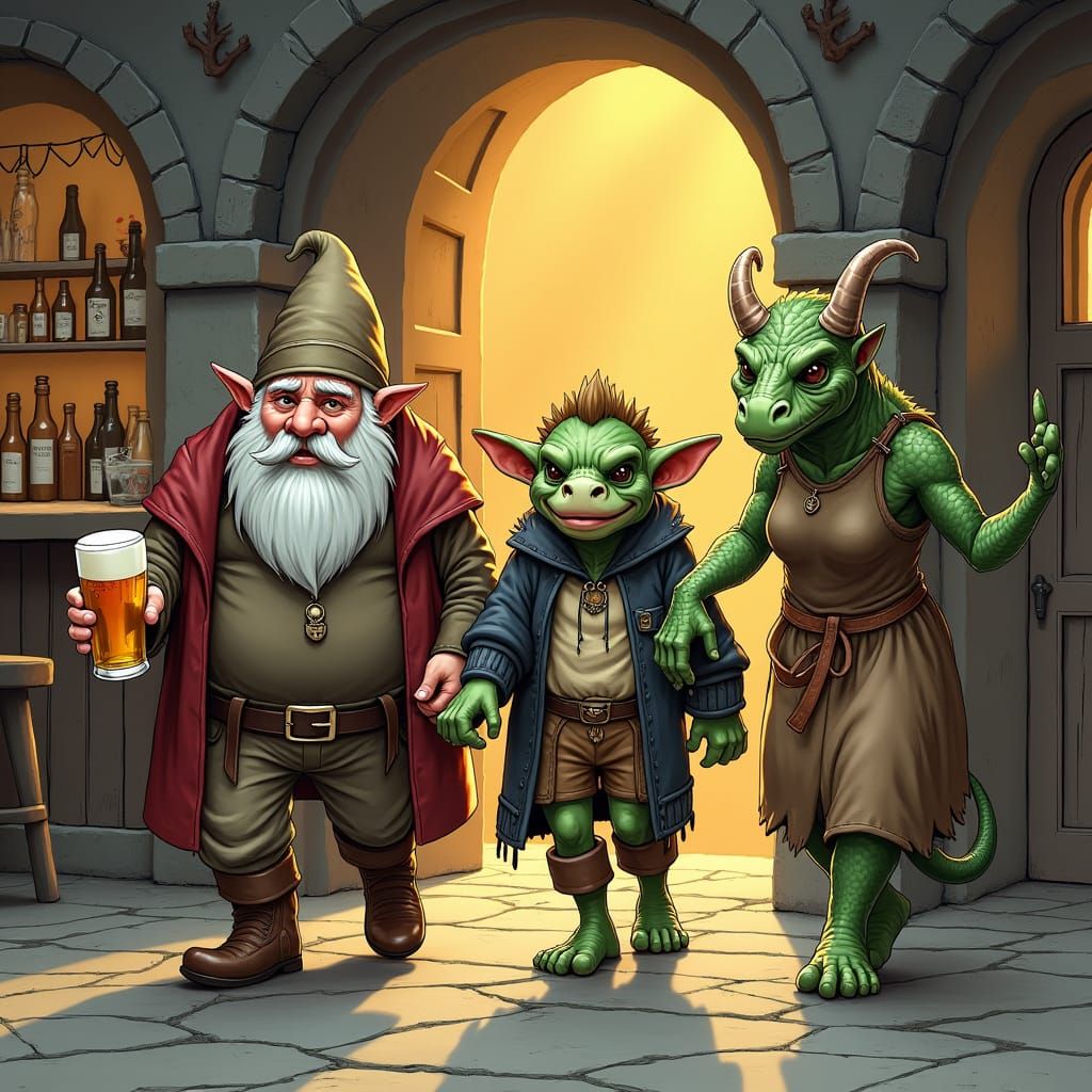 Fantastical Storybook Scene: Dwarf, Orc, and Lizard-Woman