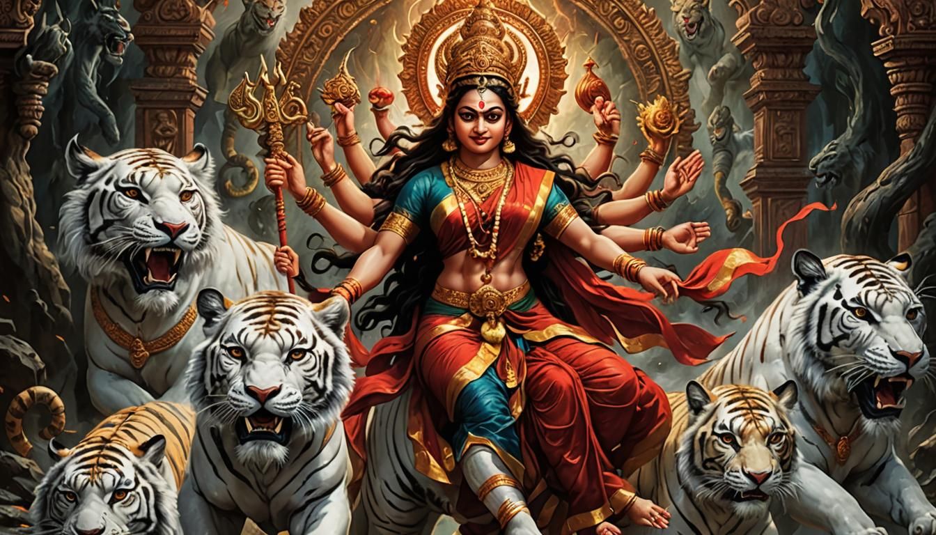 Devi Durga Riding a Tiger in a Chaotic Scene