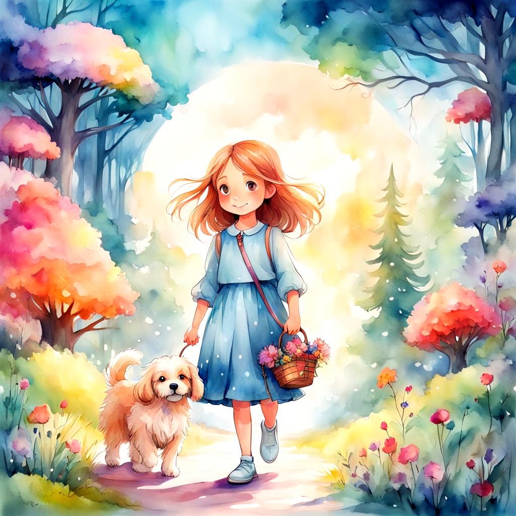 Cute little girl walking through a fantasy forest