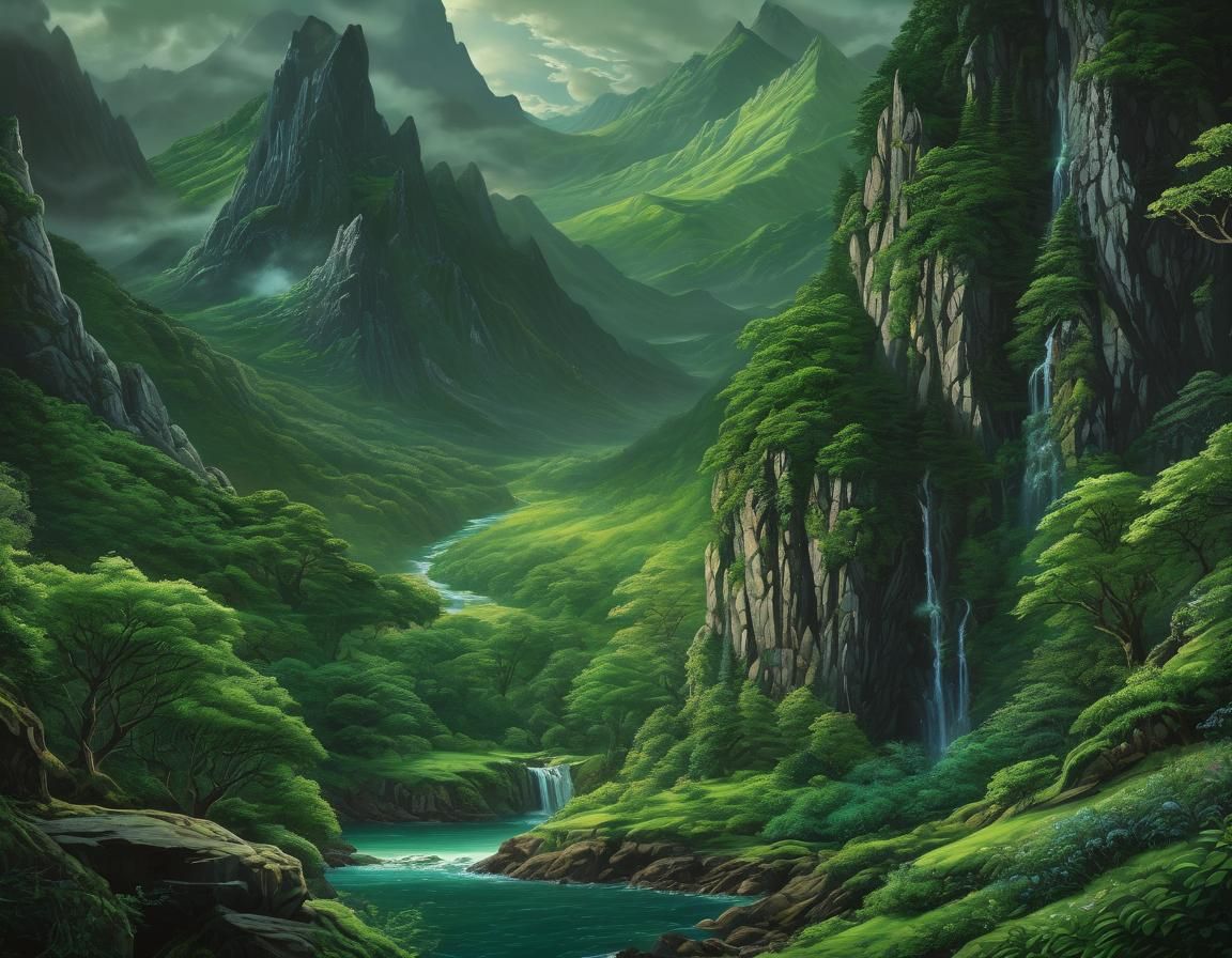 Elven Mountains in Hyperdetailed Oil Painting