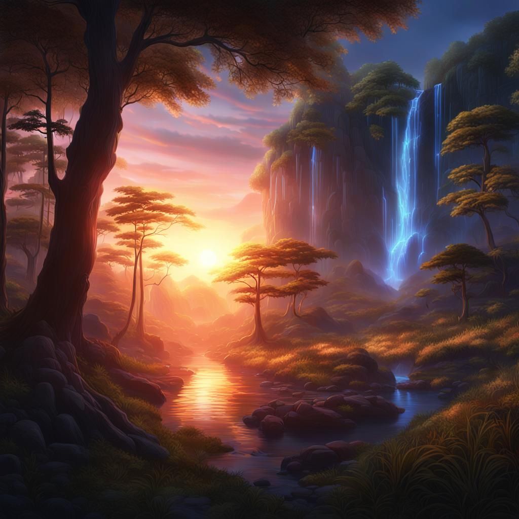 Anime Sunset Forest Scenery with Volumetric Lighting