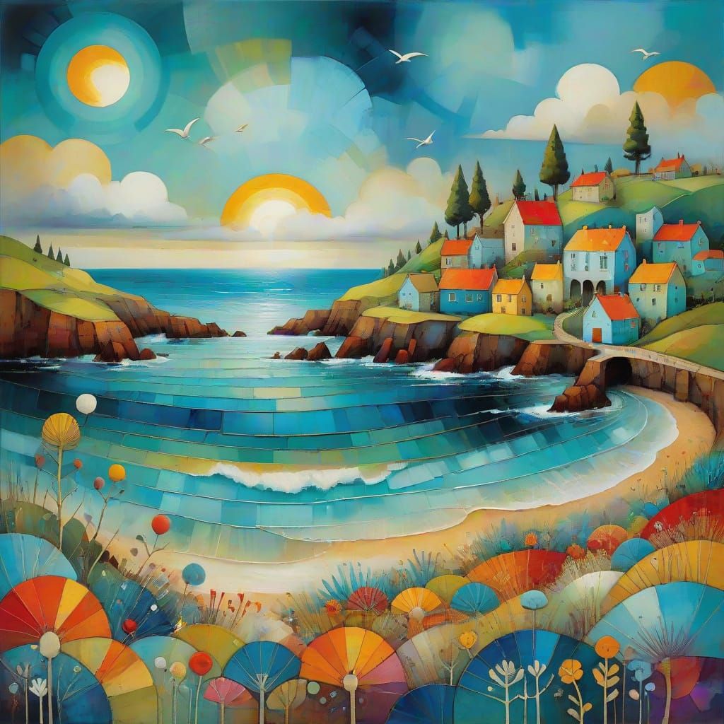 Dreamy Coastal Scene in Encaustic Style