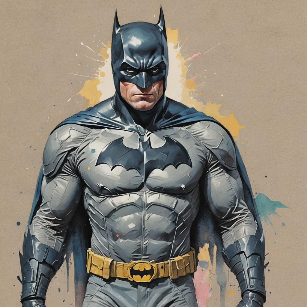 Technique de portrait mixte. Contre-plongée. Batman regarde ...