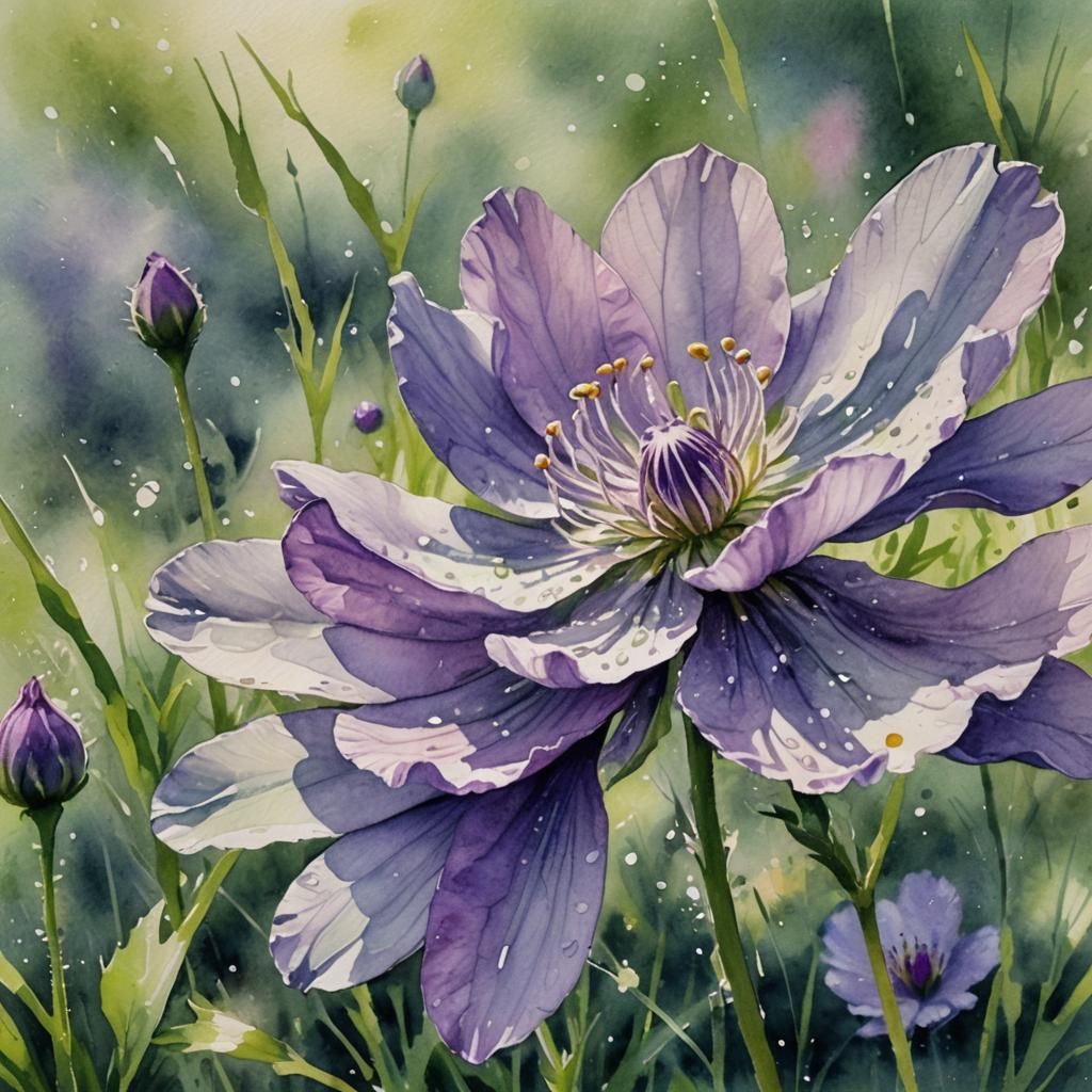 Purple Flower in Meadow: Watercolour Botanical Illustration