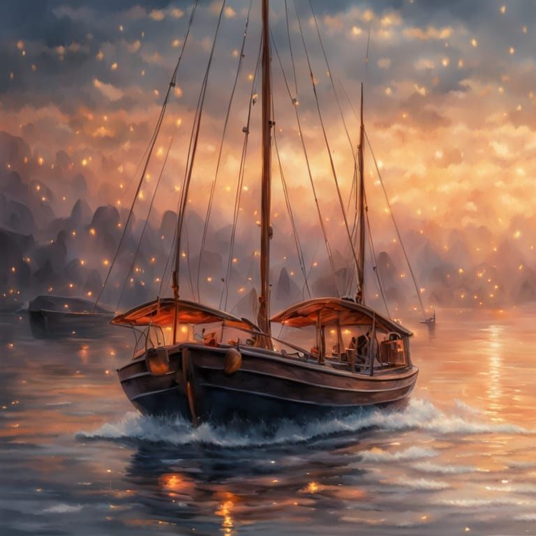 Moonlit Boat on Serene Waters in Digital Watercolor
