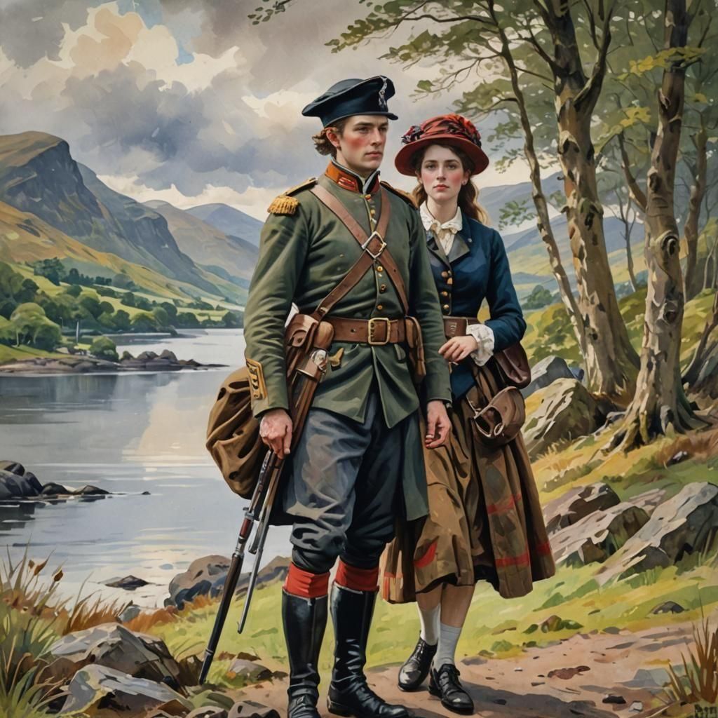 Scottish Soldier and Lady on Loch Lomond Shore