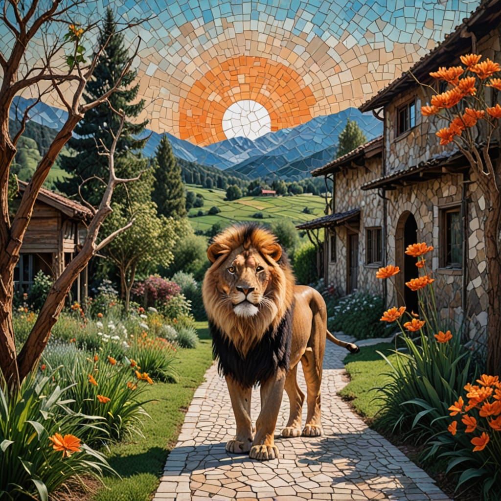 Regal Lion Watches Over Village Life