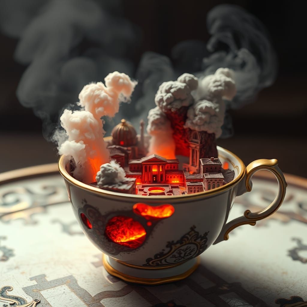 Pompeii Eruption in Teacup: Dystopian Concept Art
