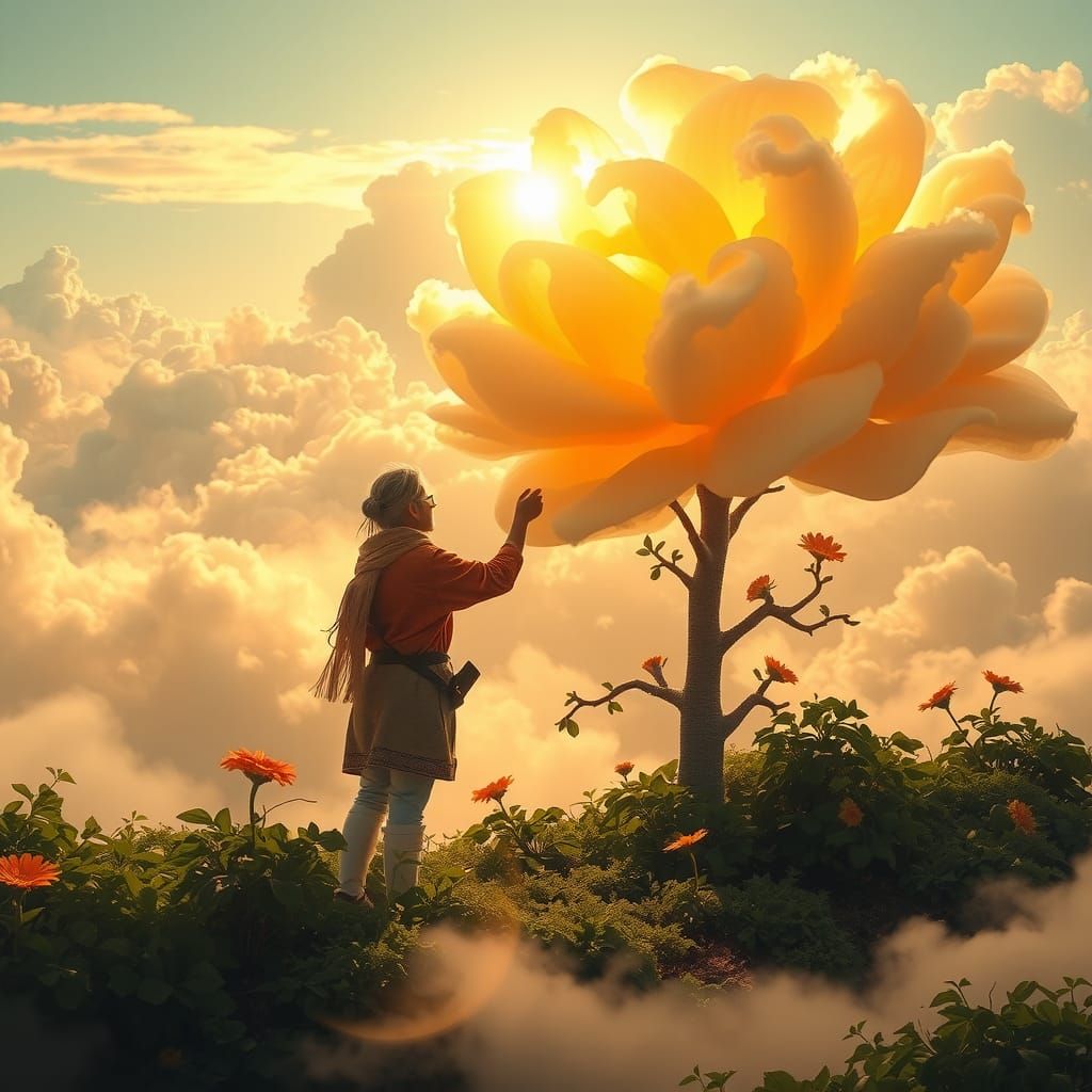 Cloud Gardener Pruning Luminous Blooms in Golden Light