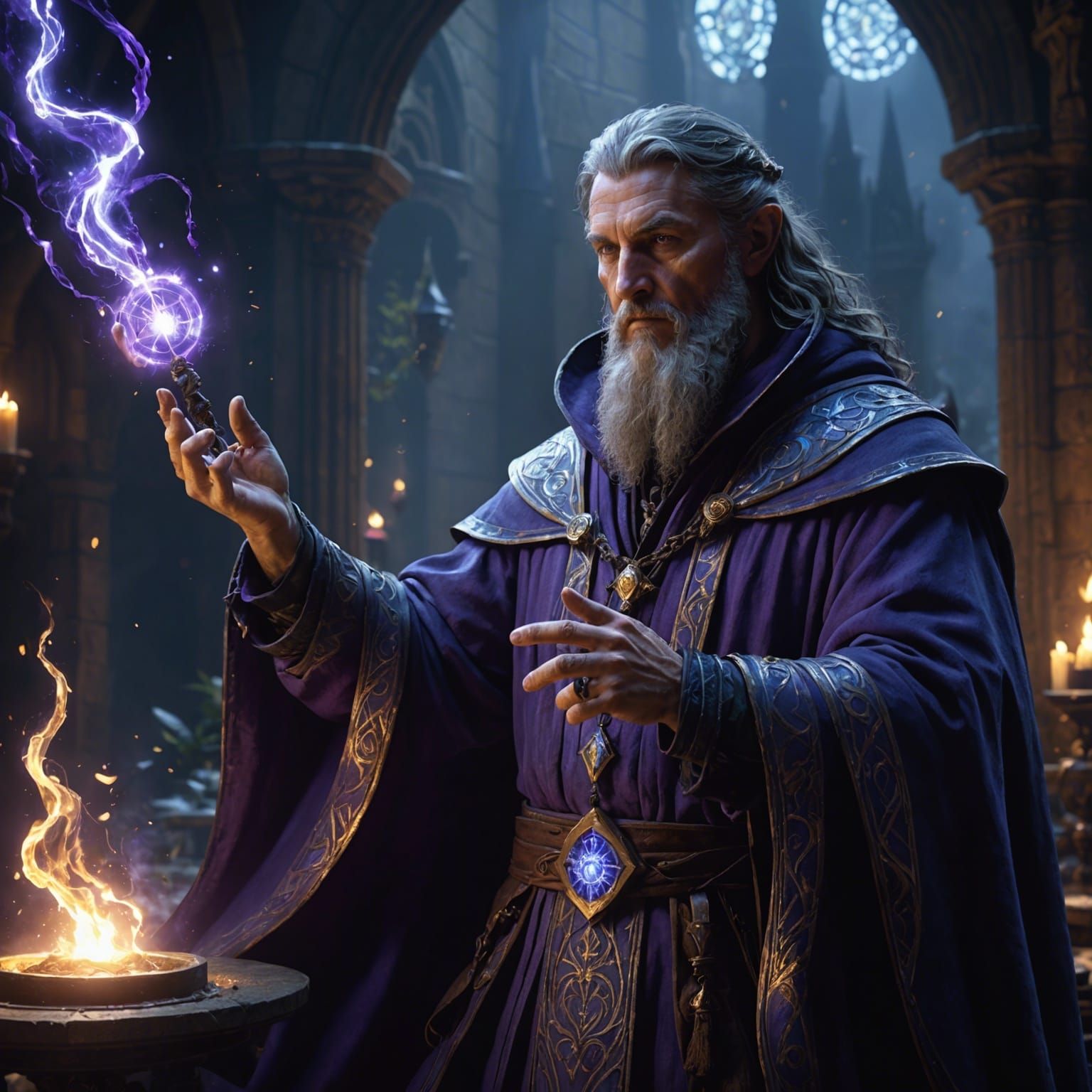 Wizard Casting Spell with Arcane Runes in Dark Fantasy Style