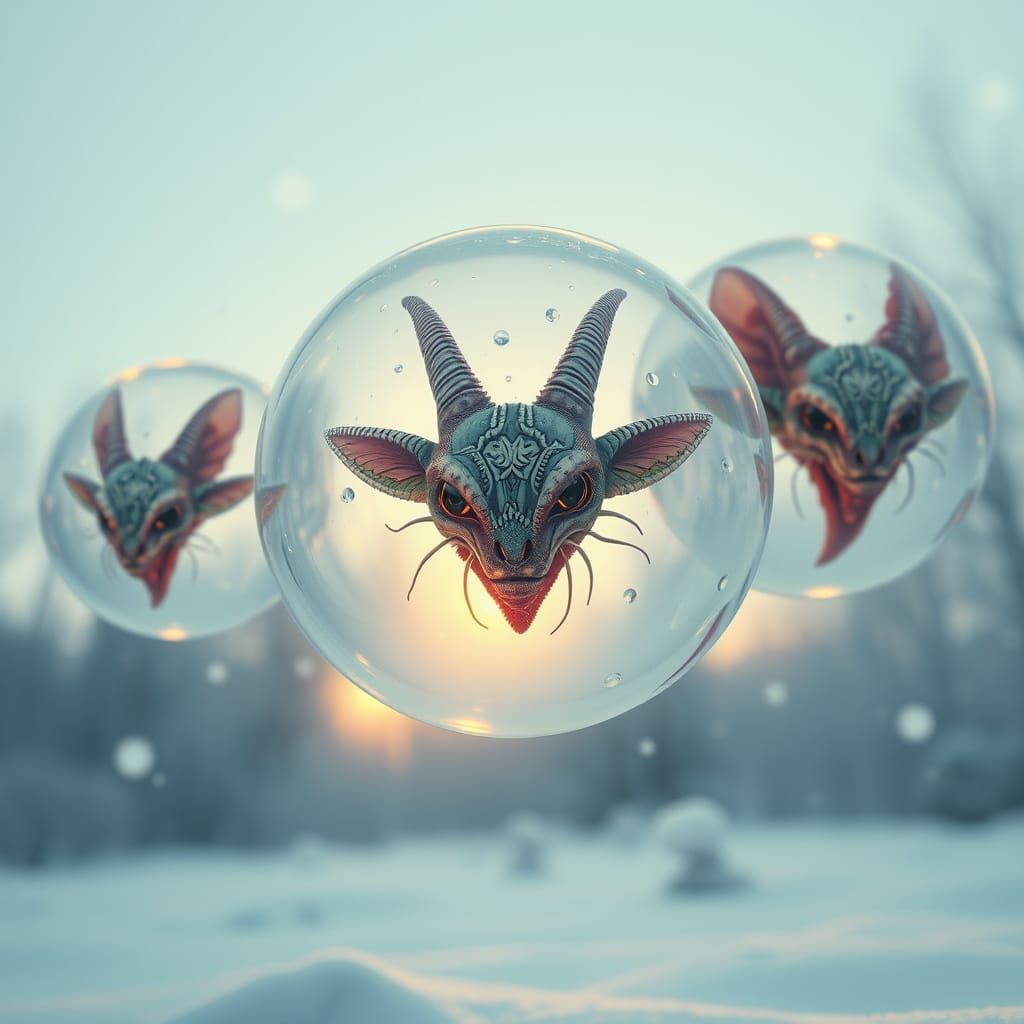 Floating Alien Animal Faces in Crystal Bubbles