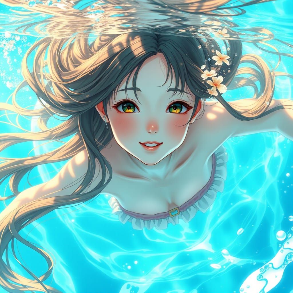 Anime Girl Swimming in Turquoise Waters