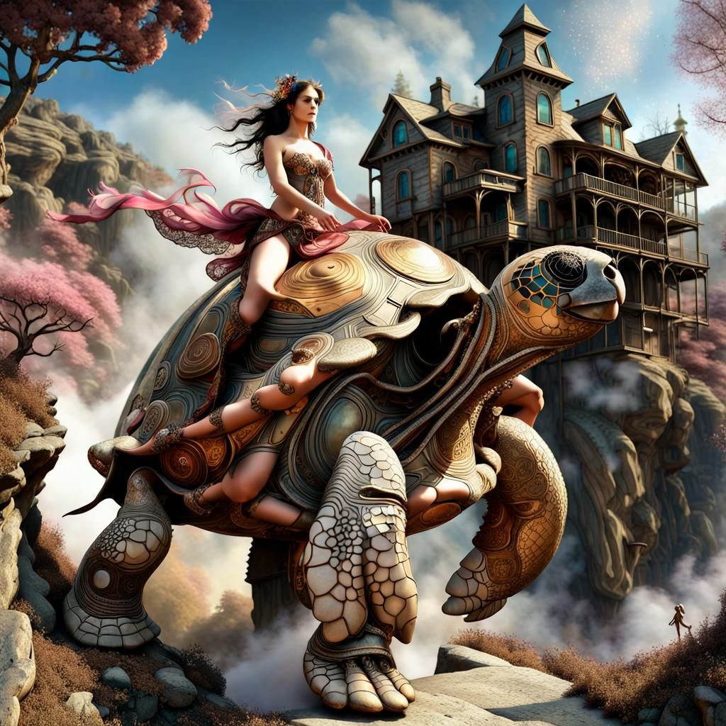 Fantasy Steampunk Tortoise Rider on Fractal Cliffs