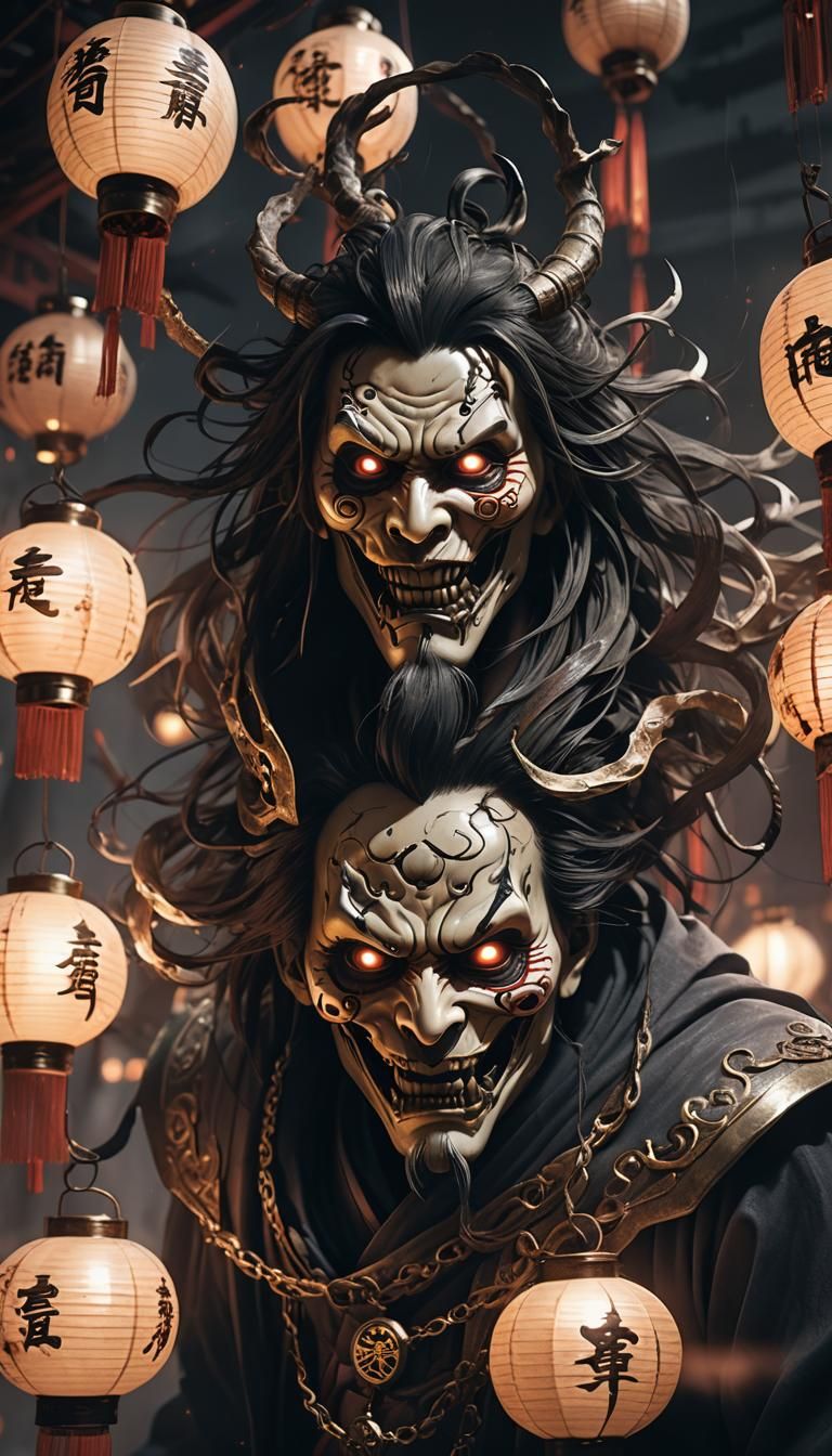 Sinister Ghost in Mask Under Lanterns: 3D Anime Art