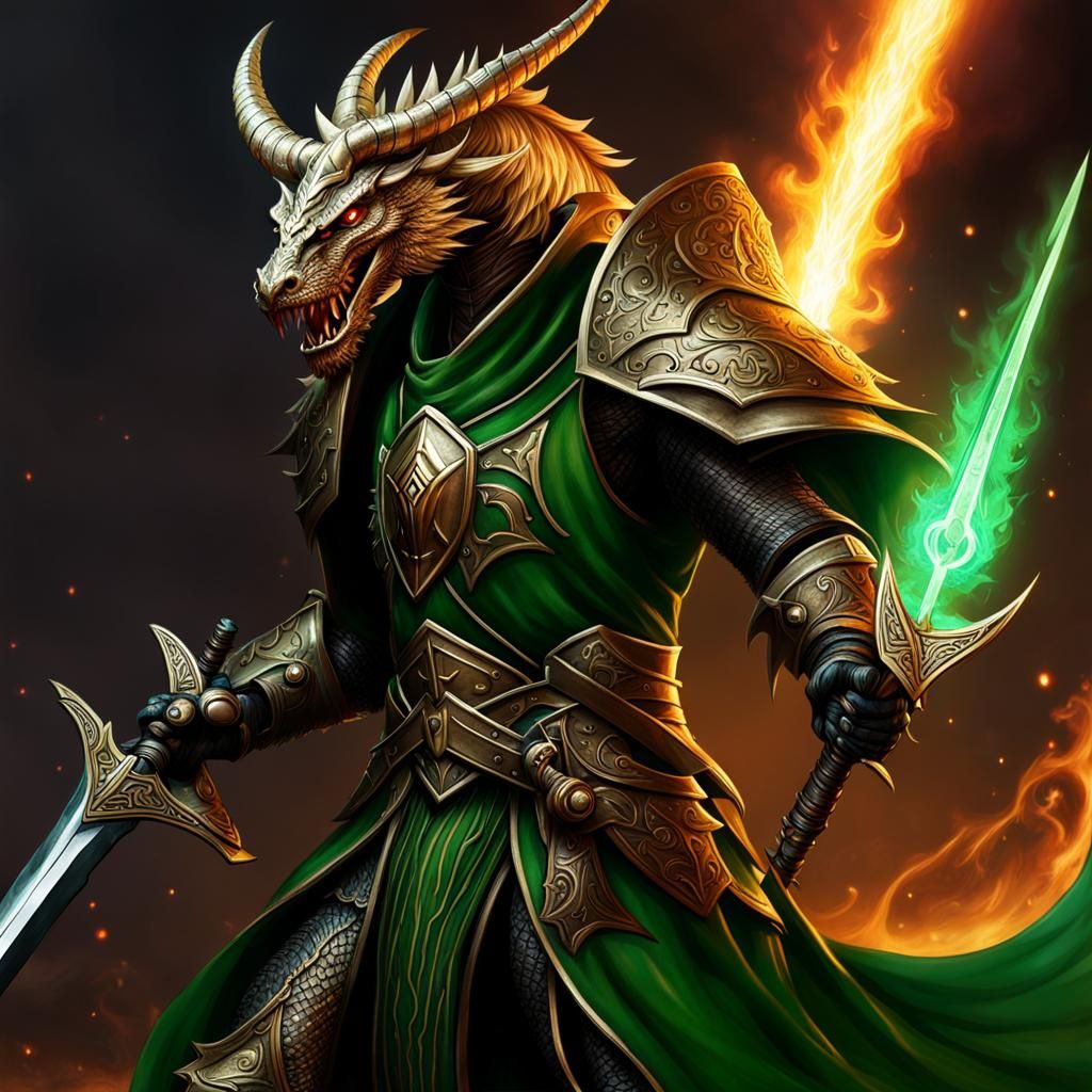 Bronze Dragonborn Fighter Wizard Dual Wielding Scimitars