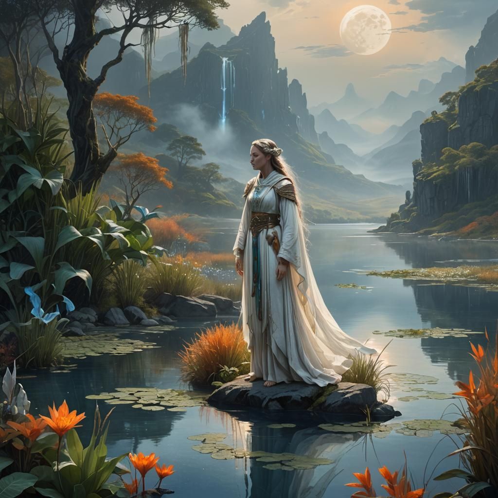 Moon Priestess at Highland Lake in Art Nouveau Style