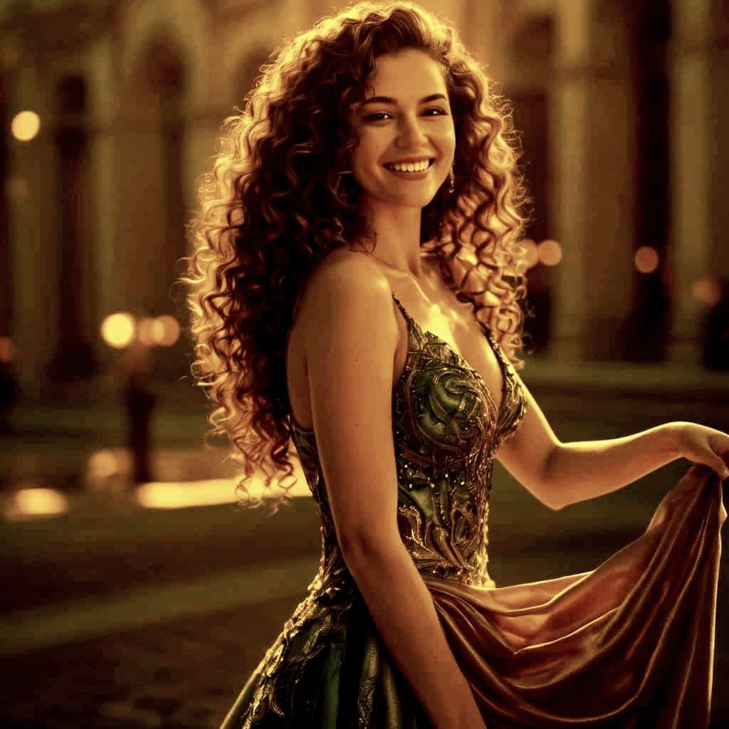 Elegant Woman in Green Gown: Hyper-Realistic Portrait