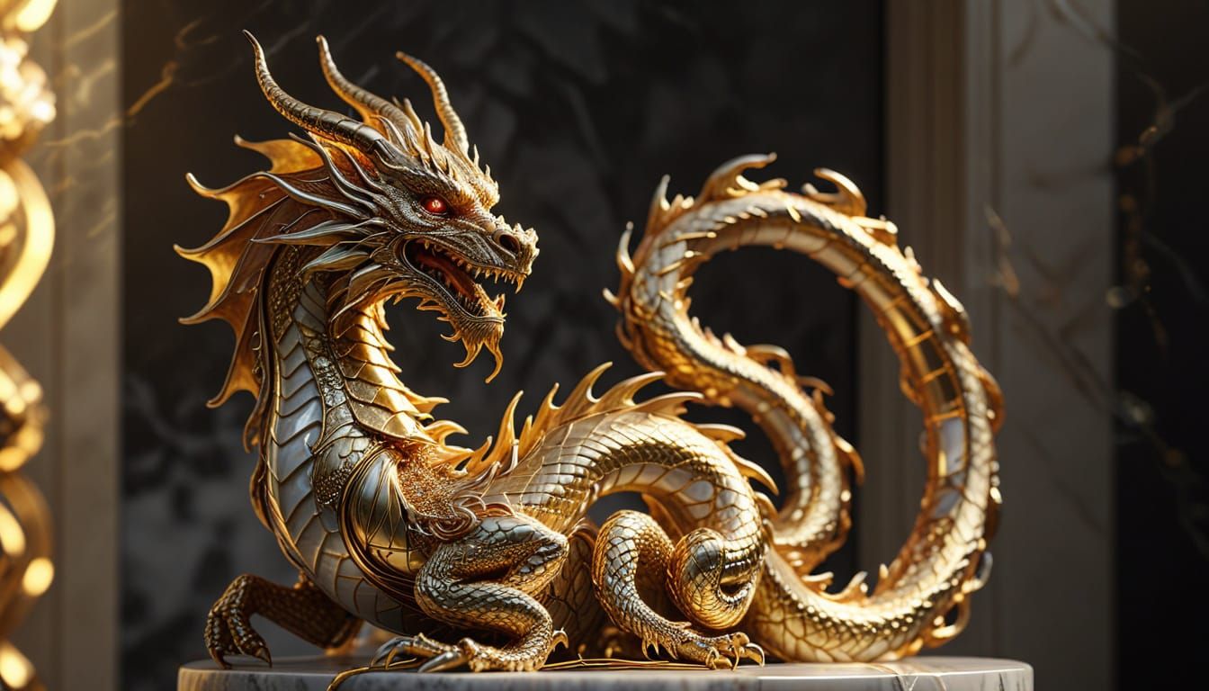Golden Wire Dragon Digital Sculpture on Marble Stand
