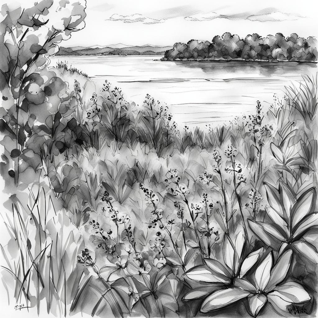 Black and White Site Sketch with Native Plants