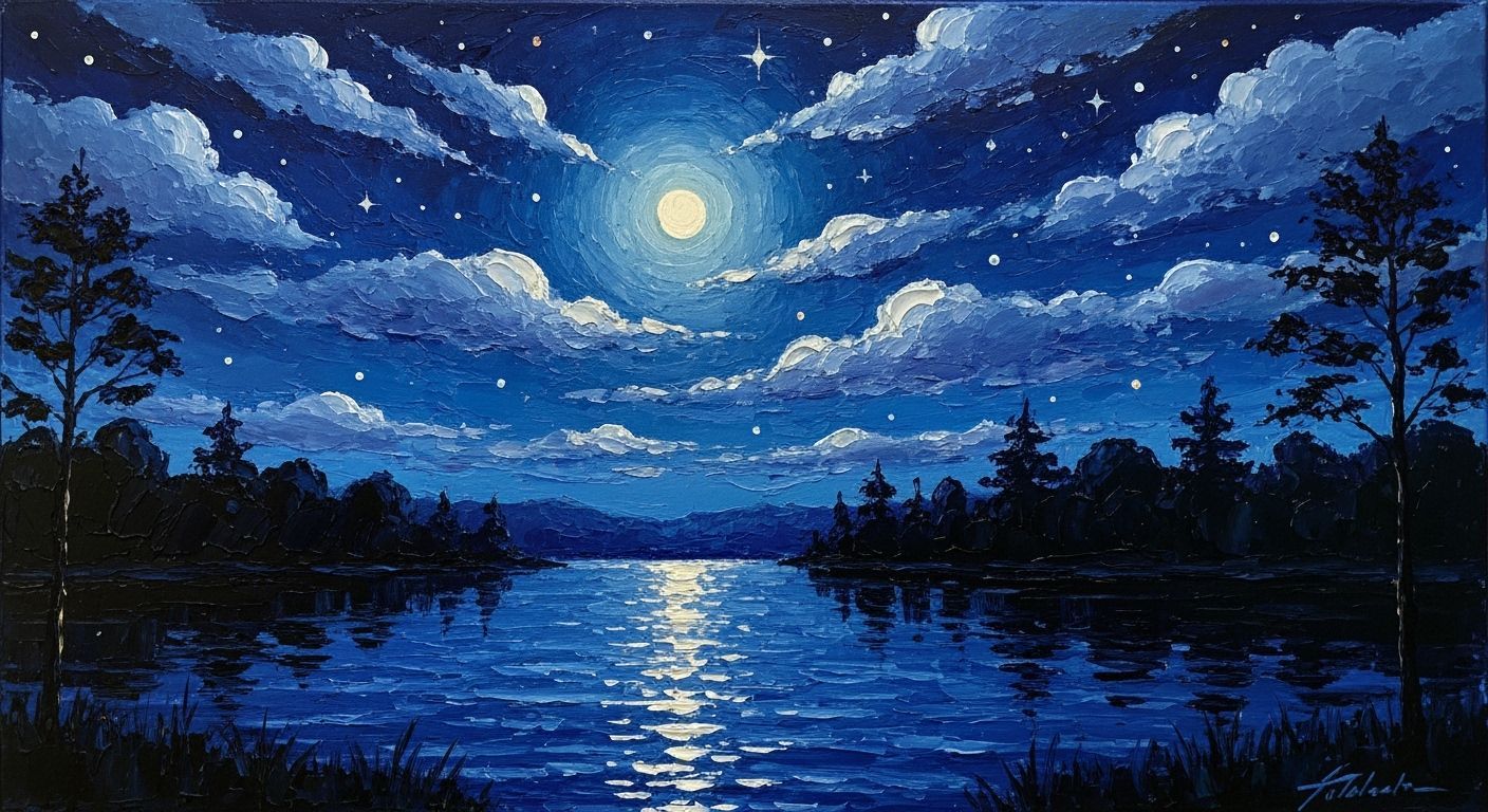 Moonlit Lake: Impasto Night Scene with Shimmering Reflection...