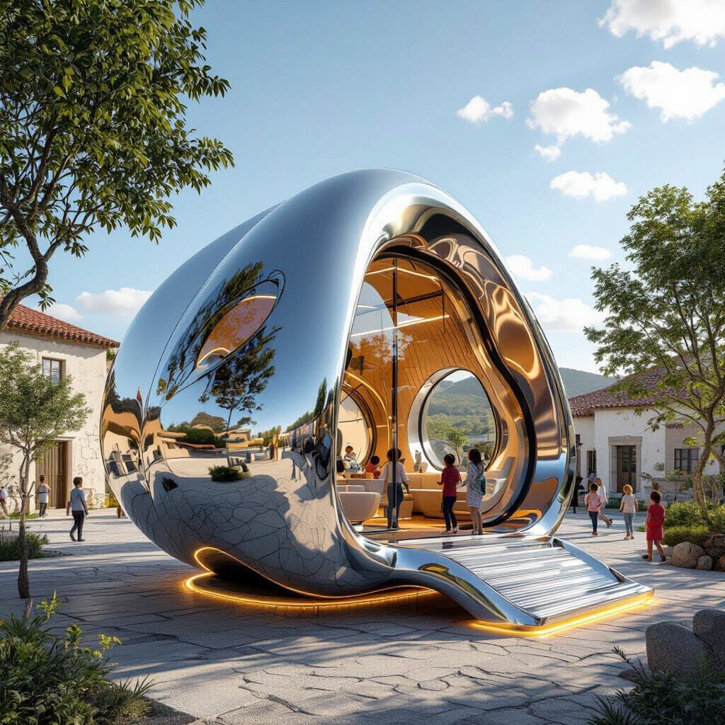 Futuristic Chrome Selling Pod in Rural Town