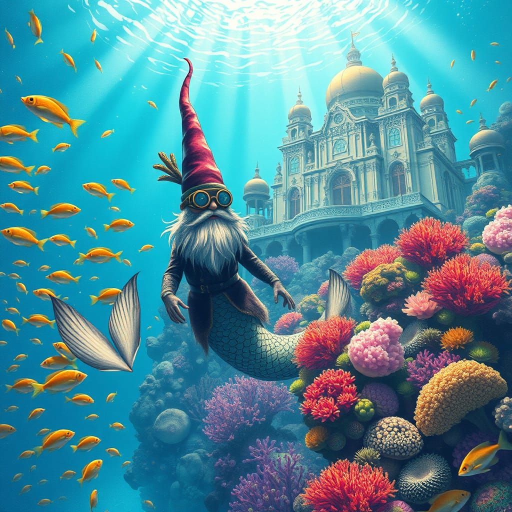 Giger-Inspired Gnome-Mermaid in Surreal Underwater Scene