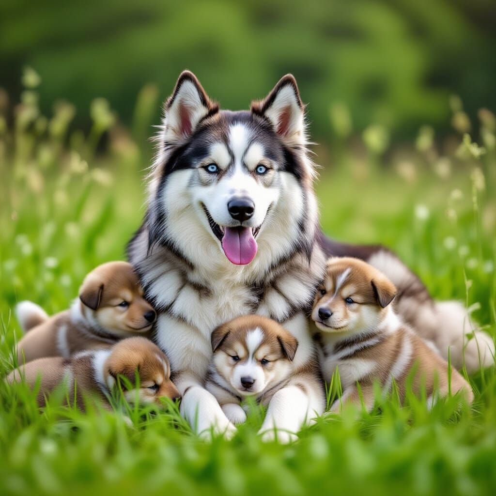 Malamute Dog and Puppies in a Meadow