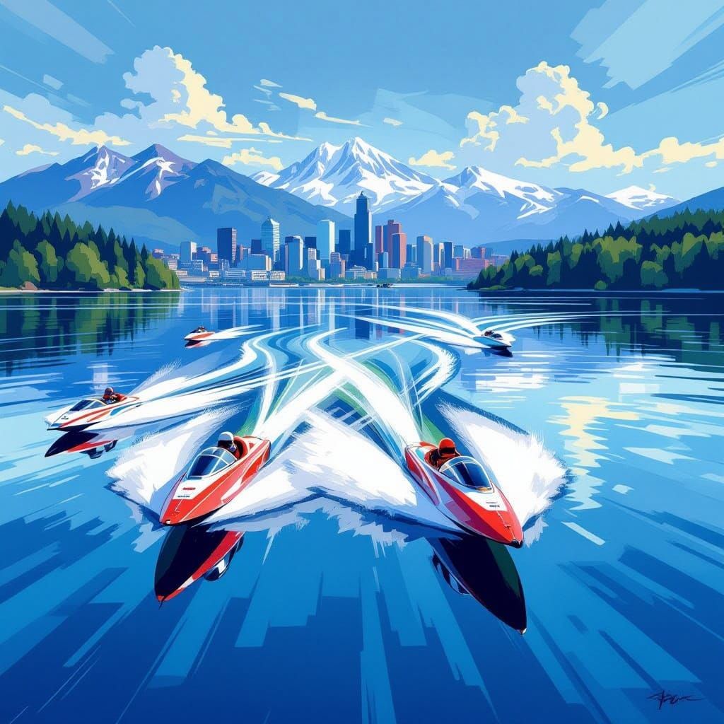 Hydroplanes Racing on Lake Washington in Futuristic Style