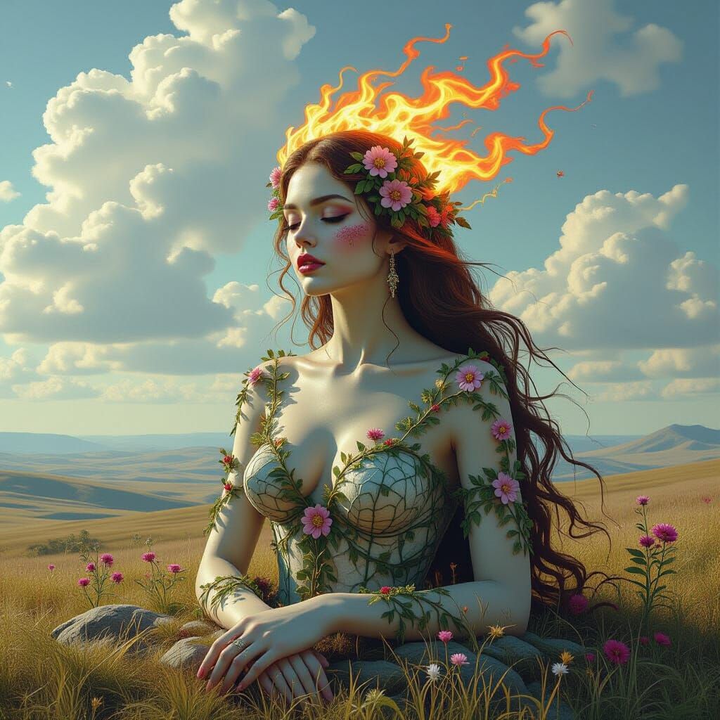 Nature Goddess with Marble Skin and Emerging Flora