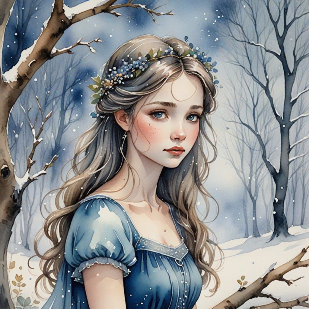 Whimsical Fairy in Blue Dress, Vintage Watercolour Style