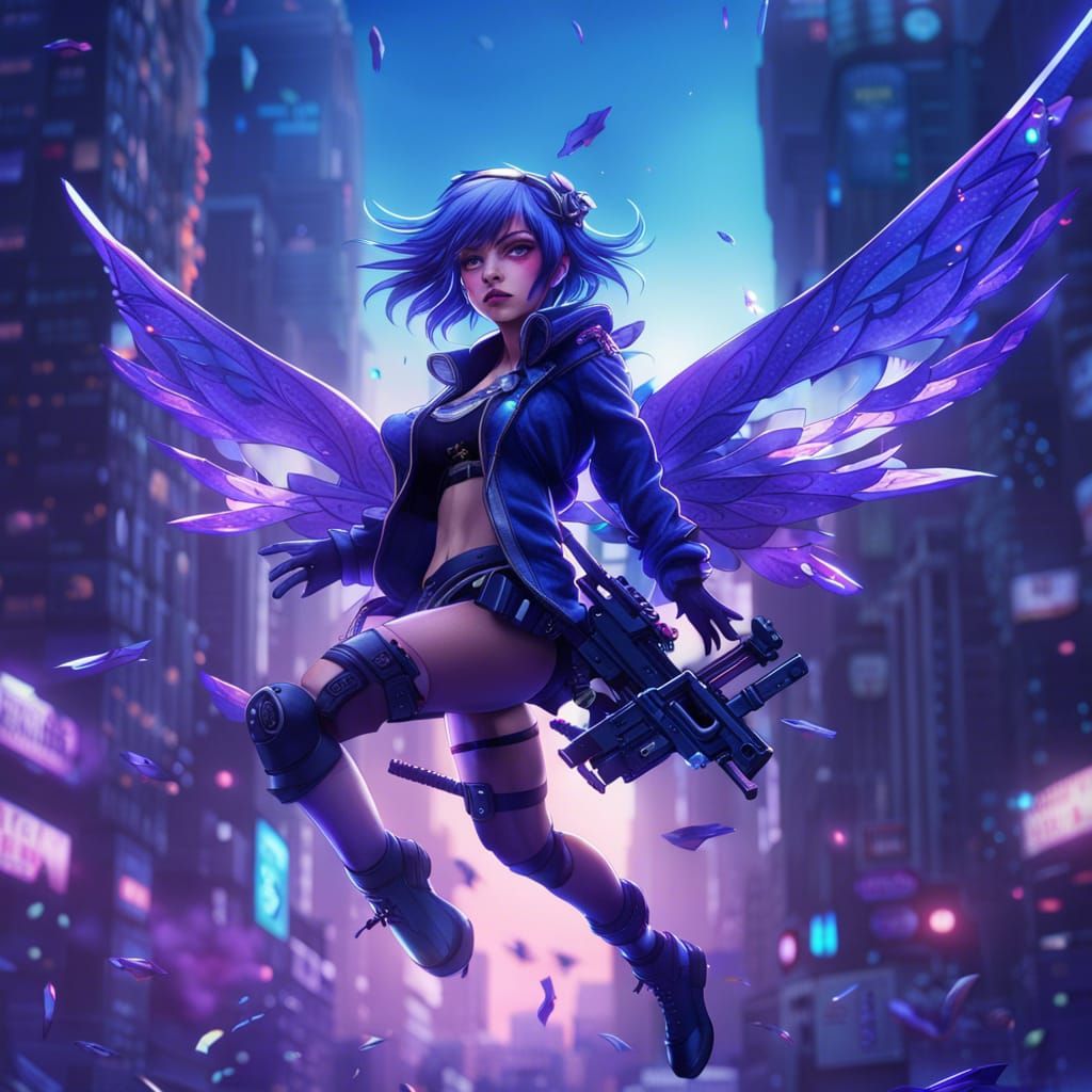 Dark Fairy Anime Girl with Submachine Gun