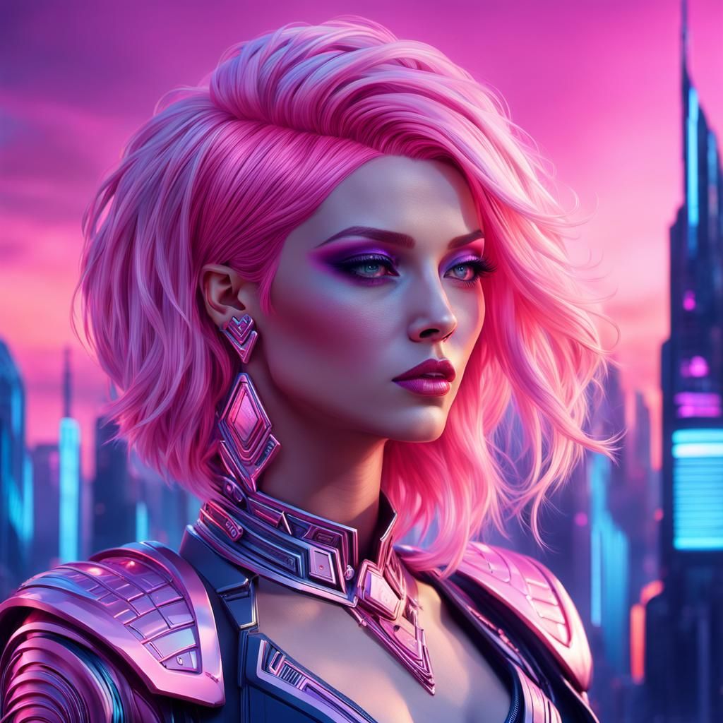 Ethereal Pink Goddess in Cyberpunk Cityscape