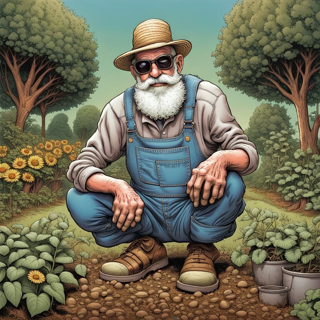 Elderly Gardener in Comic Book Style