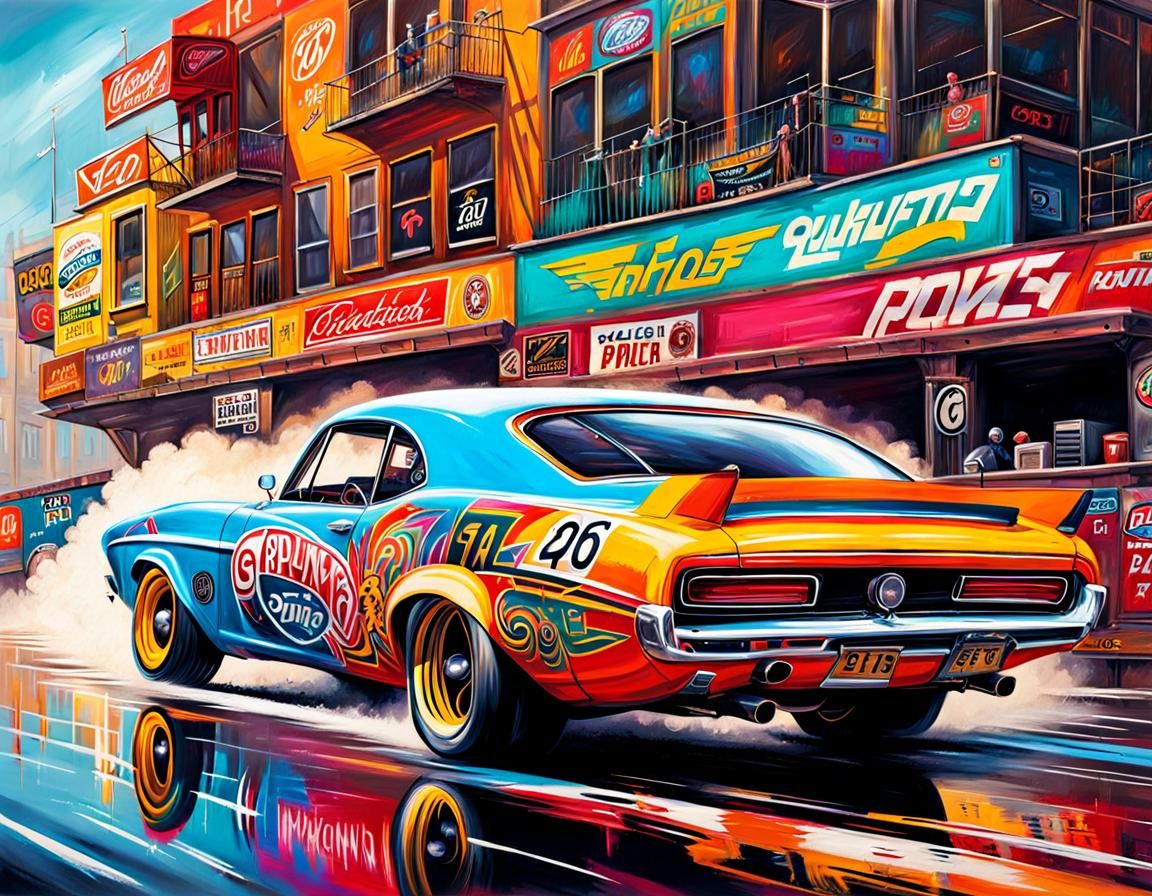 Colorful Drag Racing Cars in Graffiti Art Style